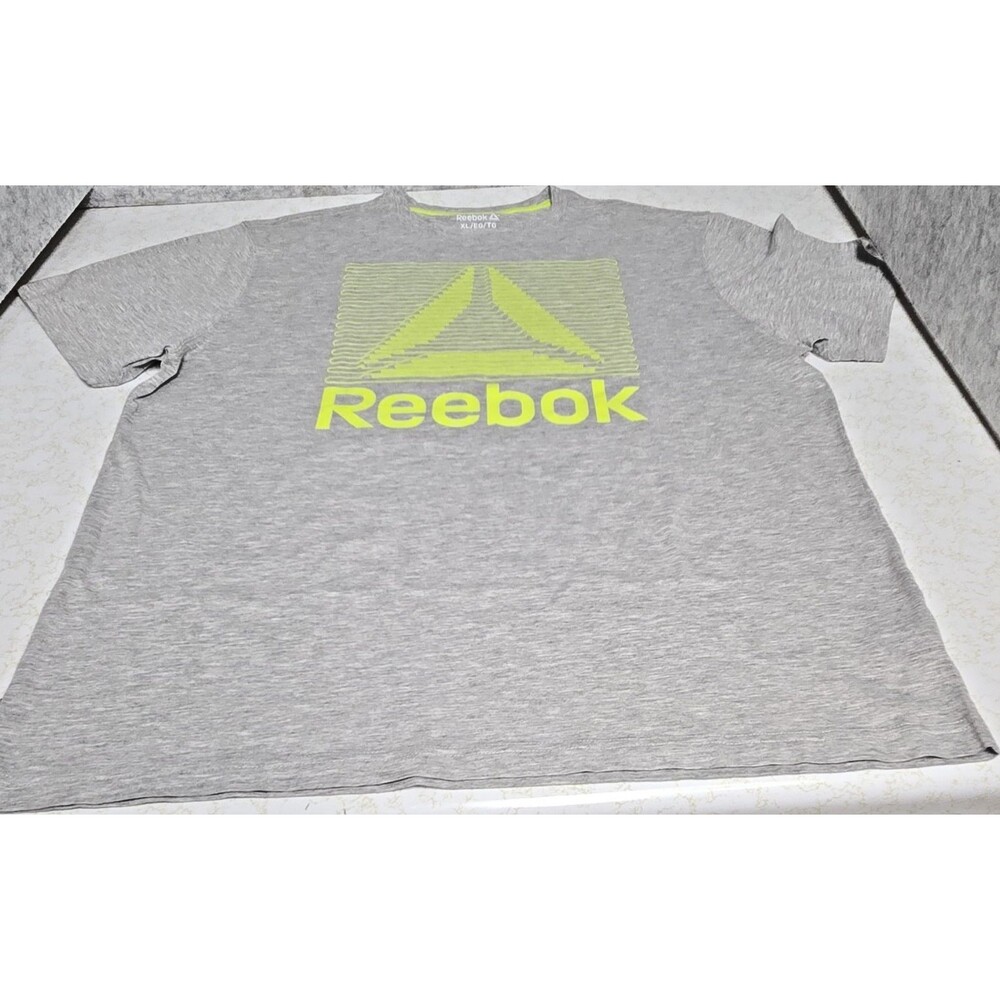 Reebok Men's Gray Graphic Logo T-Shirt XL Regular, Green Accents Crew Neck
